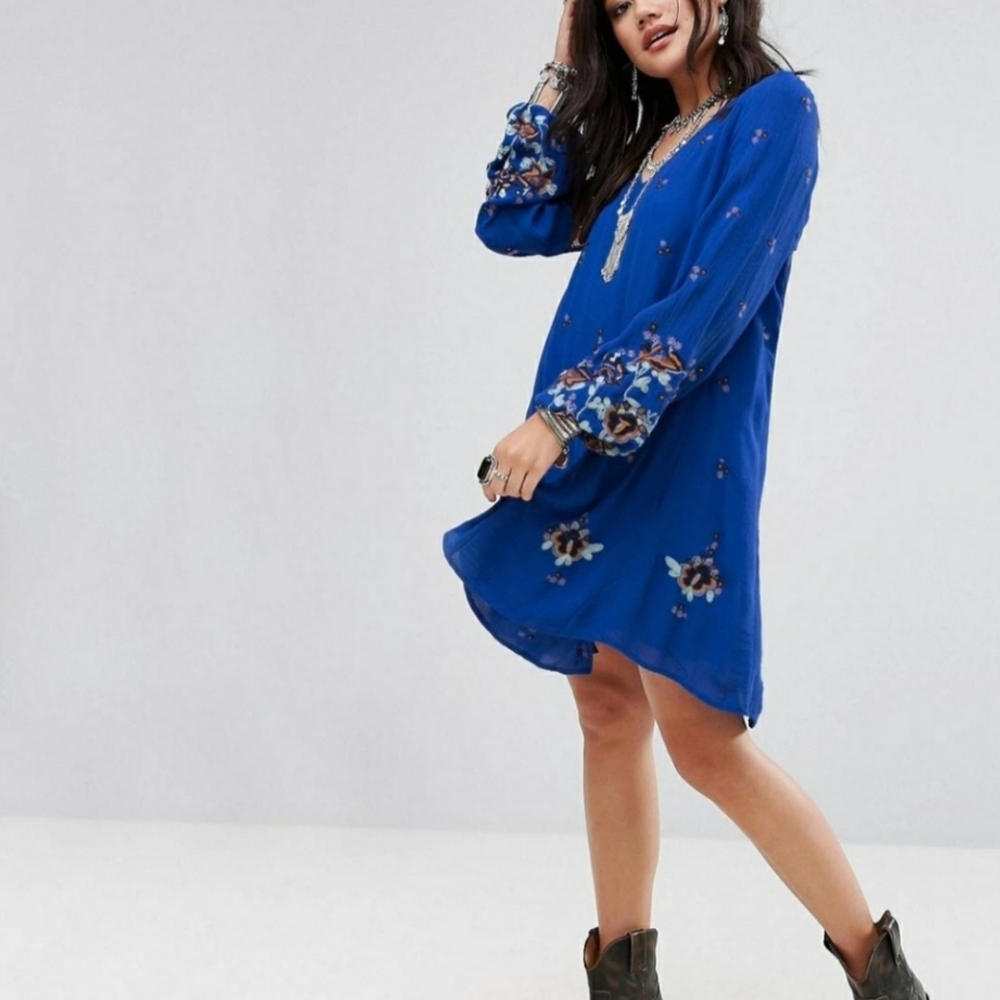 Free People Blue Oxford Long Sleeve Keyhole Back Mini Dress Embroidered Sz XS